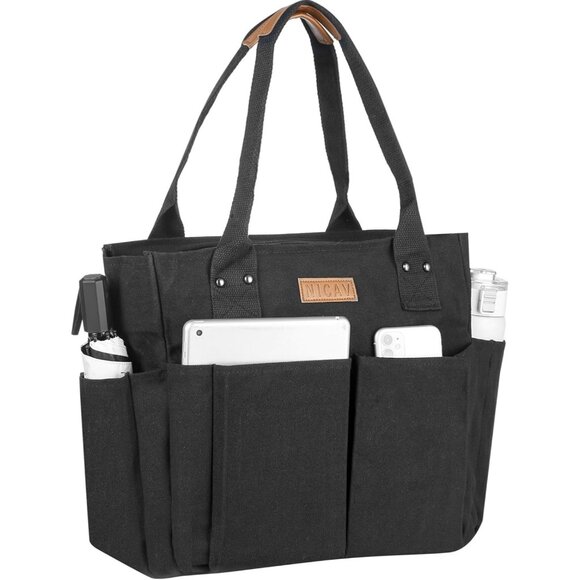 Women's Black 3 Tote Bags Large Utility Bags with Pockets Zip for Teacher Work - Picture 1 of 7